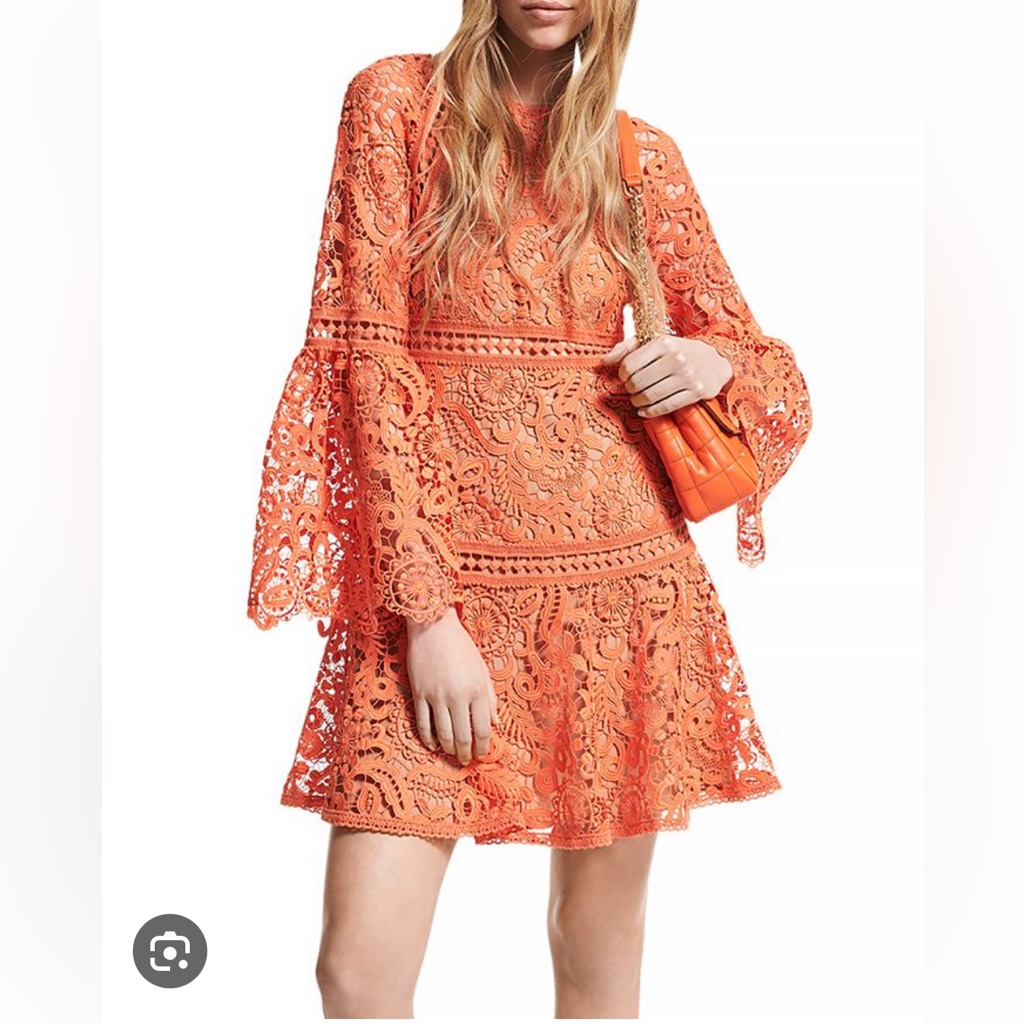 Nwt Michael Kors Orange Paisley Lace Bell Sleeves Zinnia Mini Dress 4